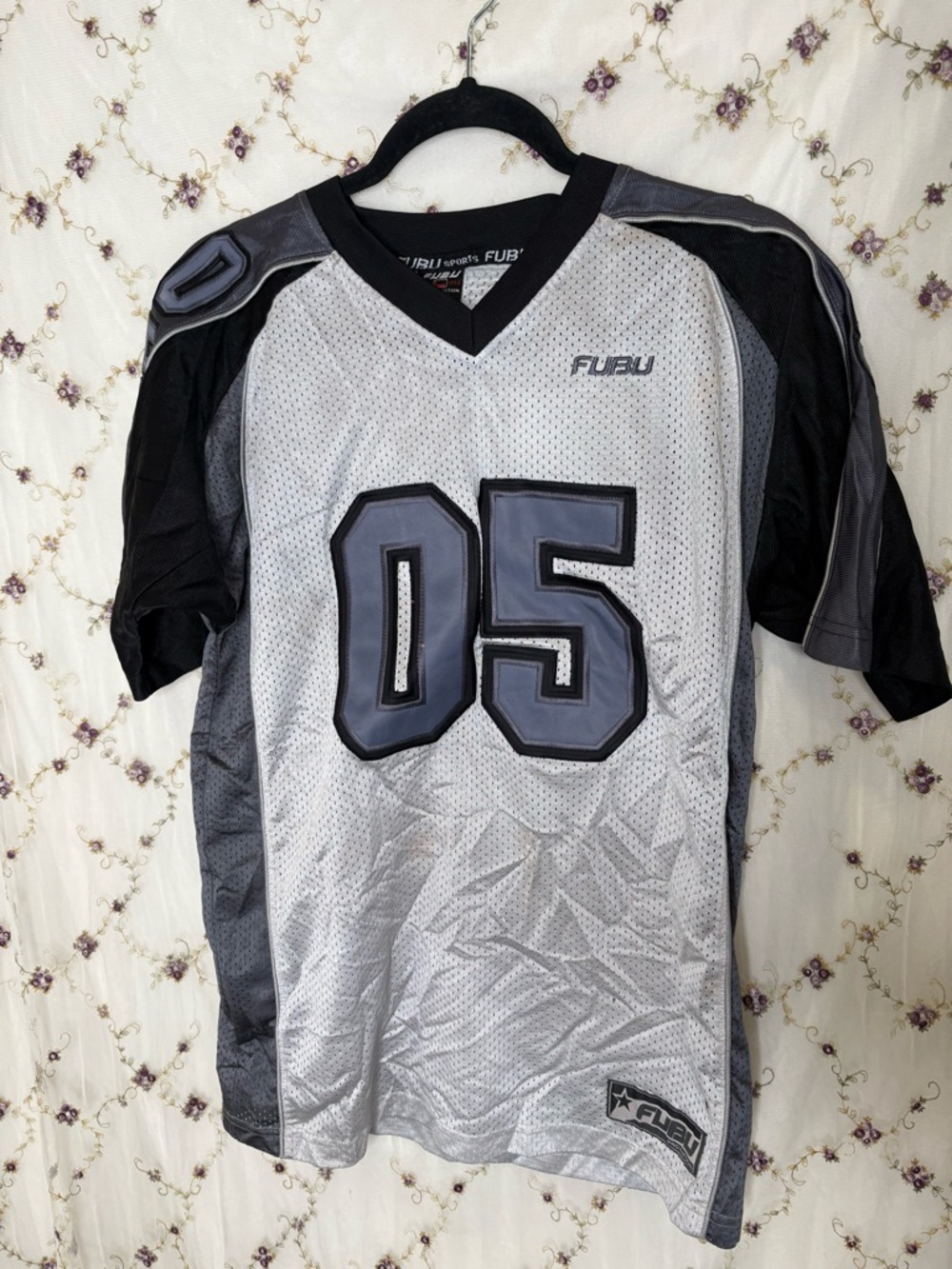 FUBU Men’s Silver & Black Mesh Jersey with 05 Appliqué